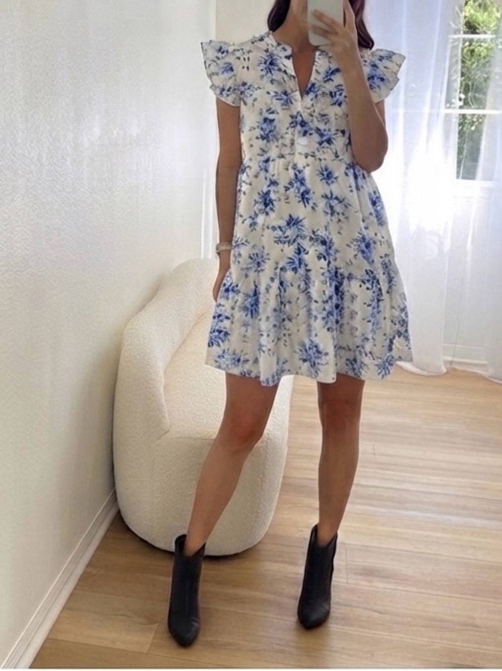 SHEIN White Mini Dress with Blue Floral Print